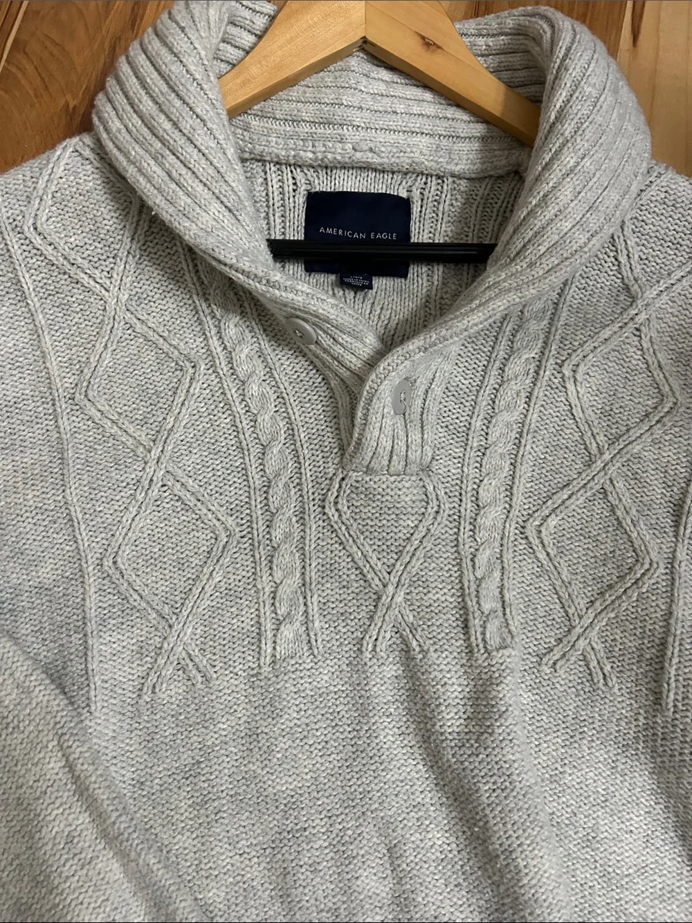 American Eagle Men’s Shawl Collar Cable V-Neck Sweater - Light Gray L